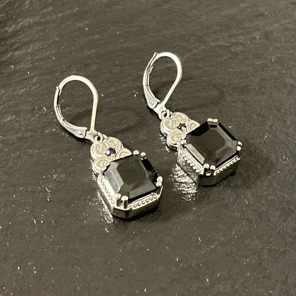 Black Princess Cut Onyx Scroll Detail Earrings Marked 316 SS Lever Back Hooks